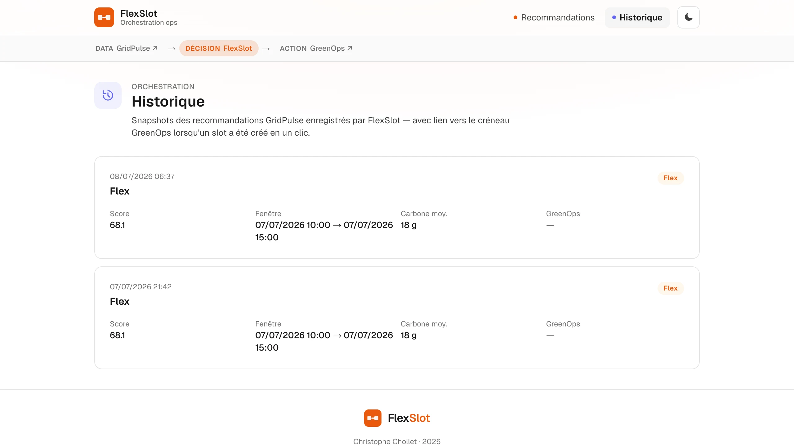 FlexSlot — Historique : snapshots des recommandations et lien vers le créneau GreenOps