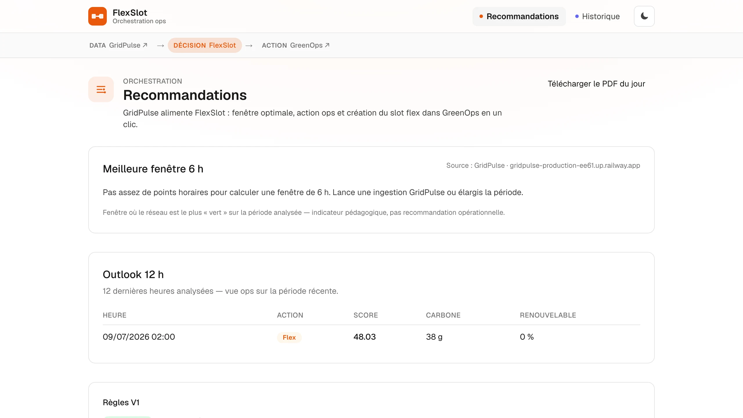FlexSlot — Recommandation principale : fenêtre, score, action et création du slot GreenOps en un clic