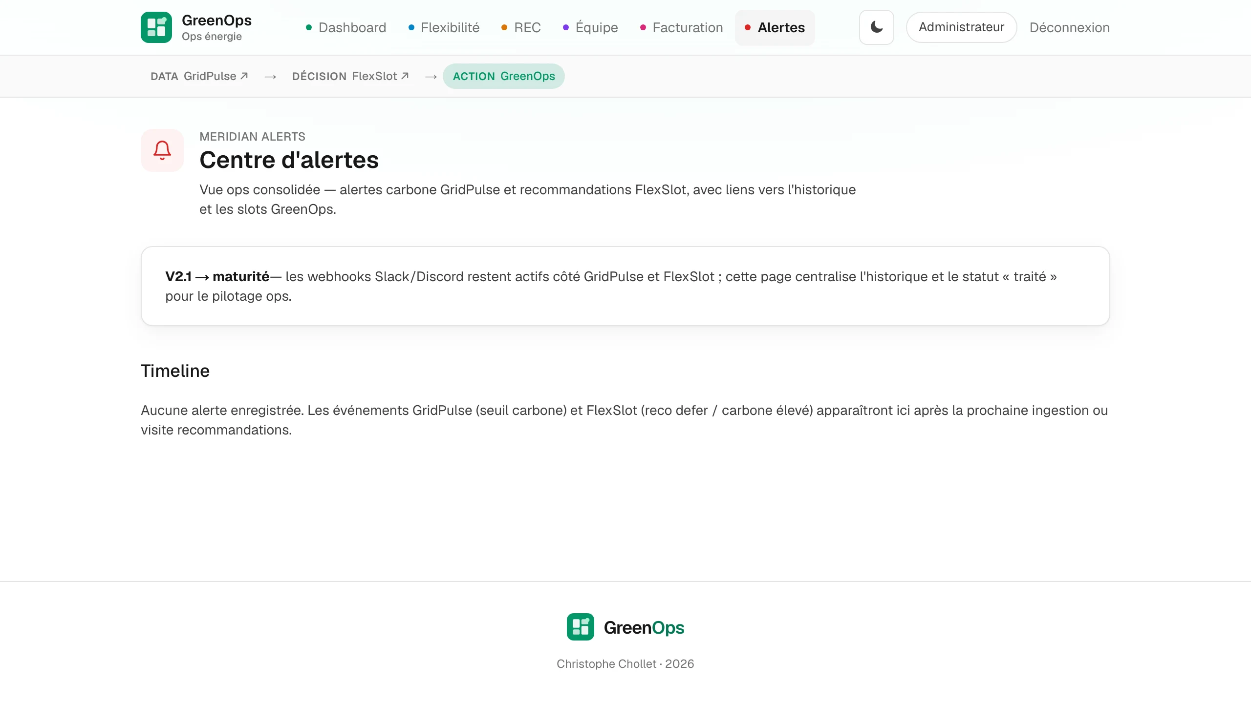 GreenOps — Meridian Alerts : centre d'alertes consolidé GridPulse + FlexSlot