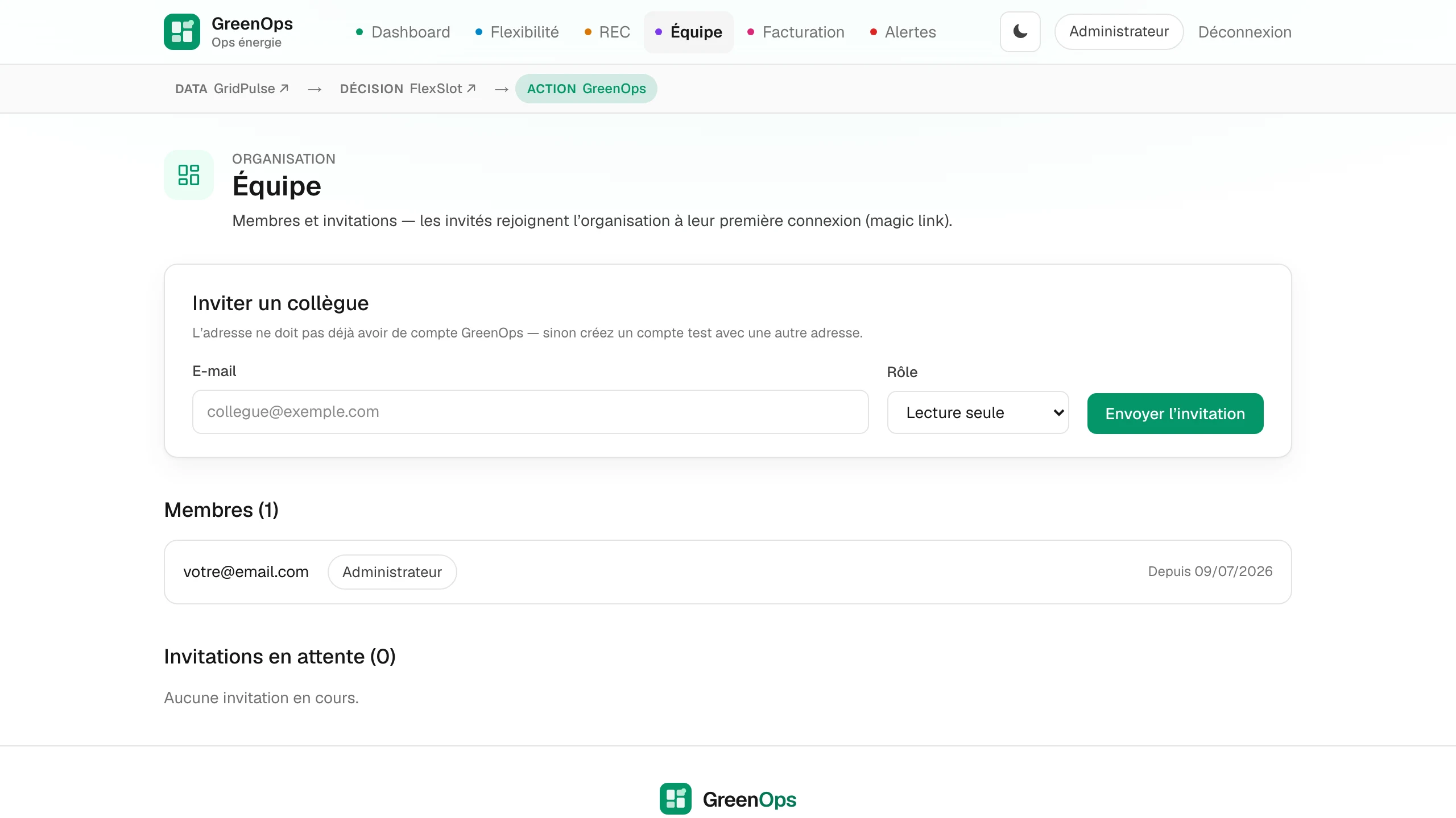 GreenOps — Équipe : membres et invitations par e-mail