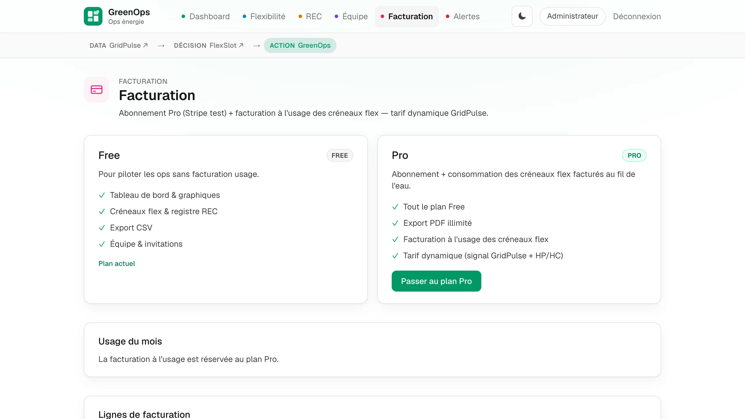 GreenOps — Facturation : plan Pro, usage dynamique VoltFlow V2 et lignes de facturation