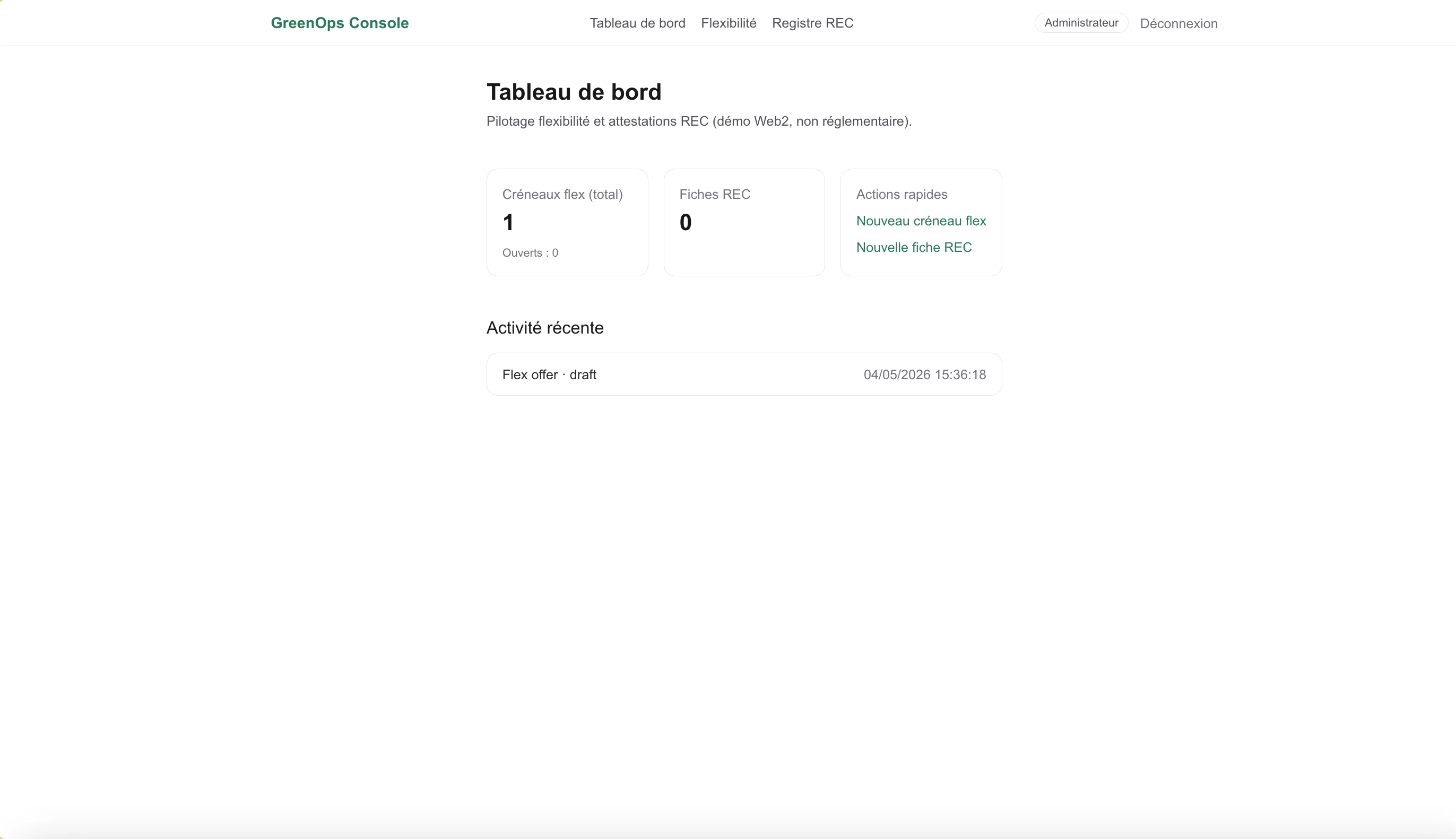 GreenOps — Tableau de bord et activité récente
