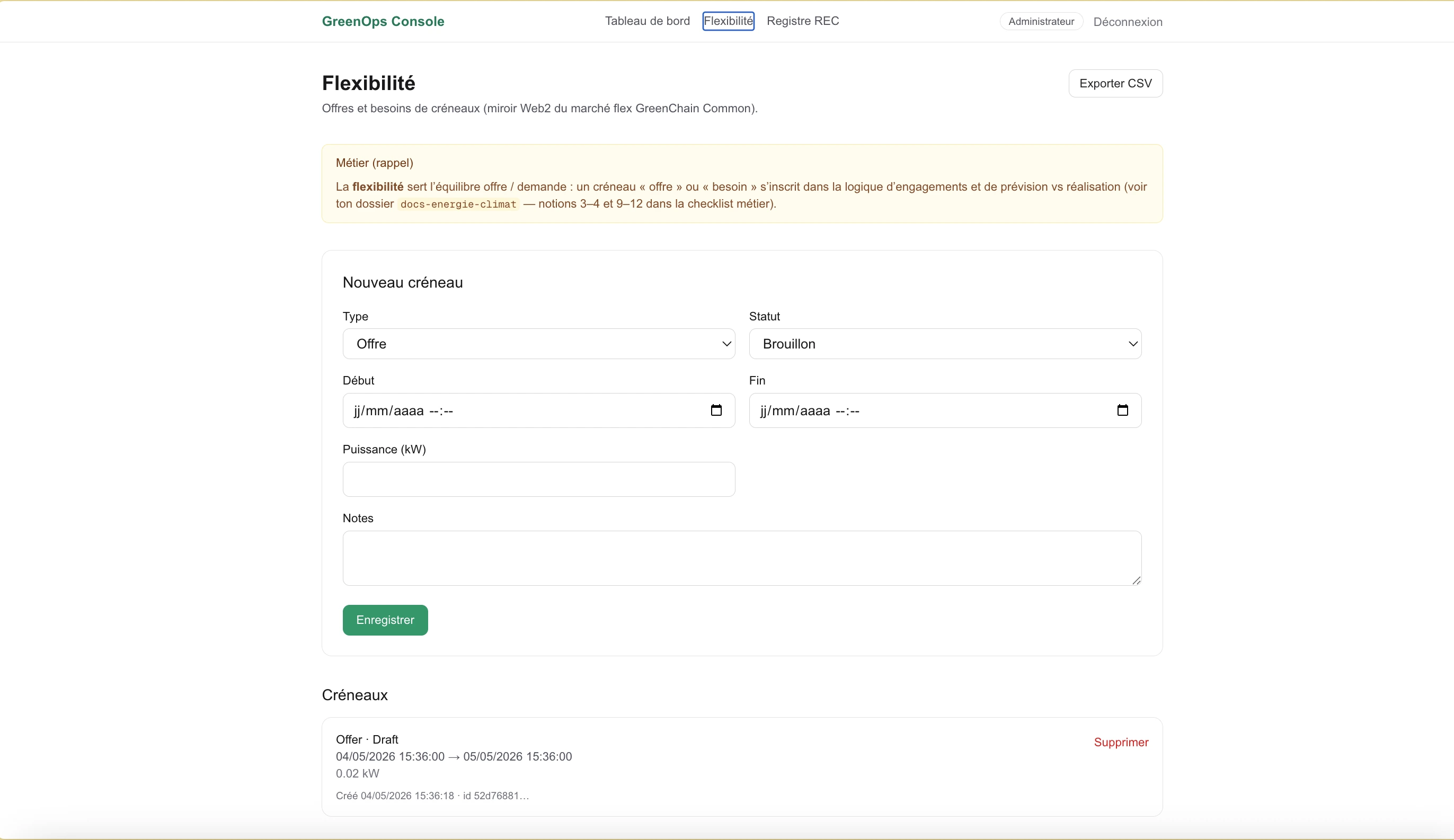 GreenOps — Flexibilité : créneaux, audit, export CSV